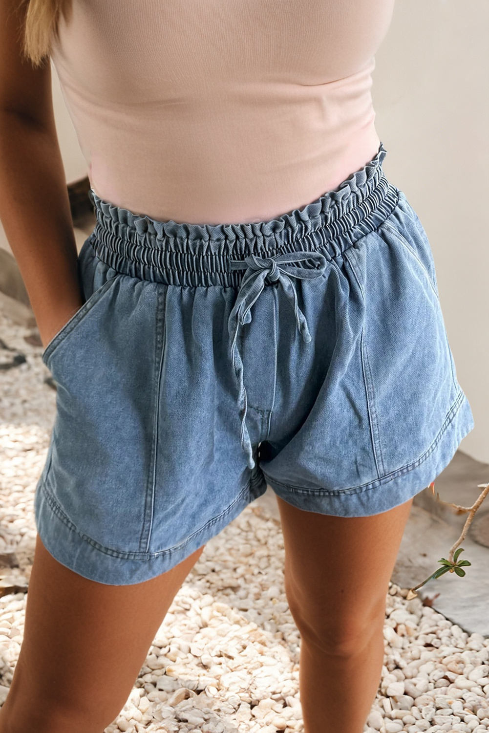 Smocked Waist Denim Shorts