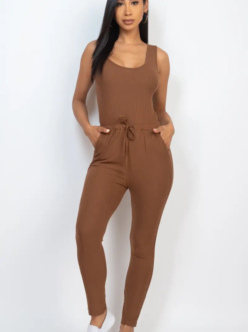 Ribbed Sleeveless Drawstring Jumpsuit