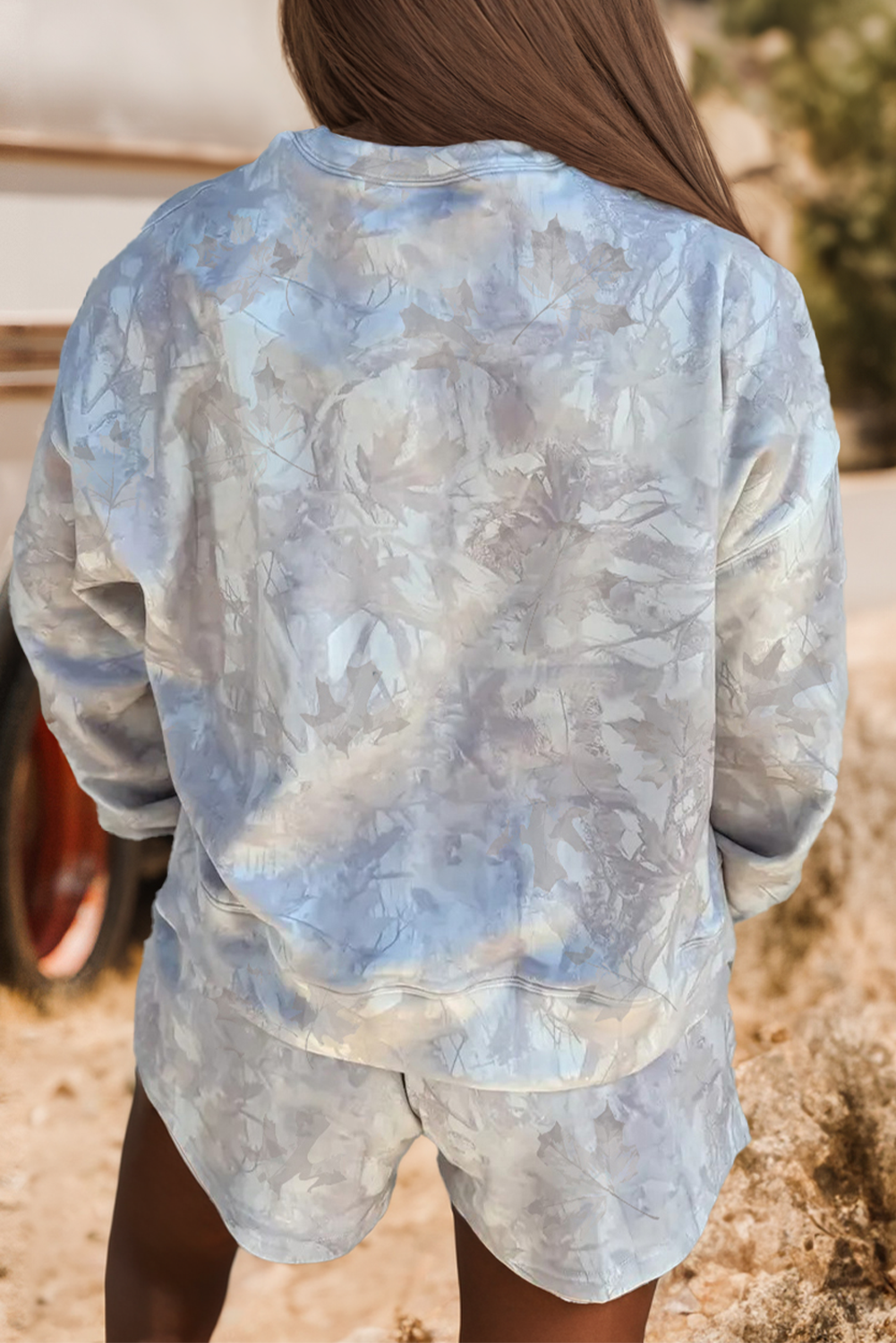 Camo Pullover Top and Elastic Waist Casual Short Set