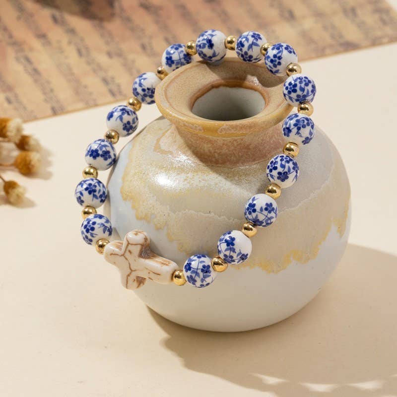 CERAMIC PORCELAIN CROSS CHARM BRACELET