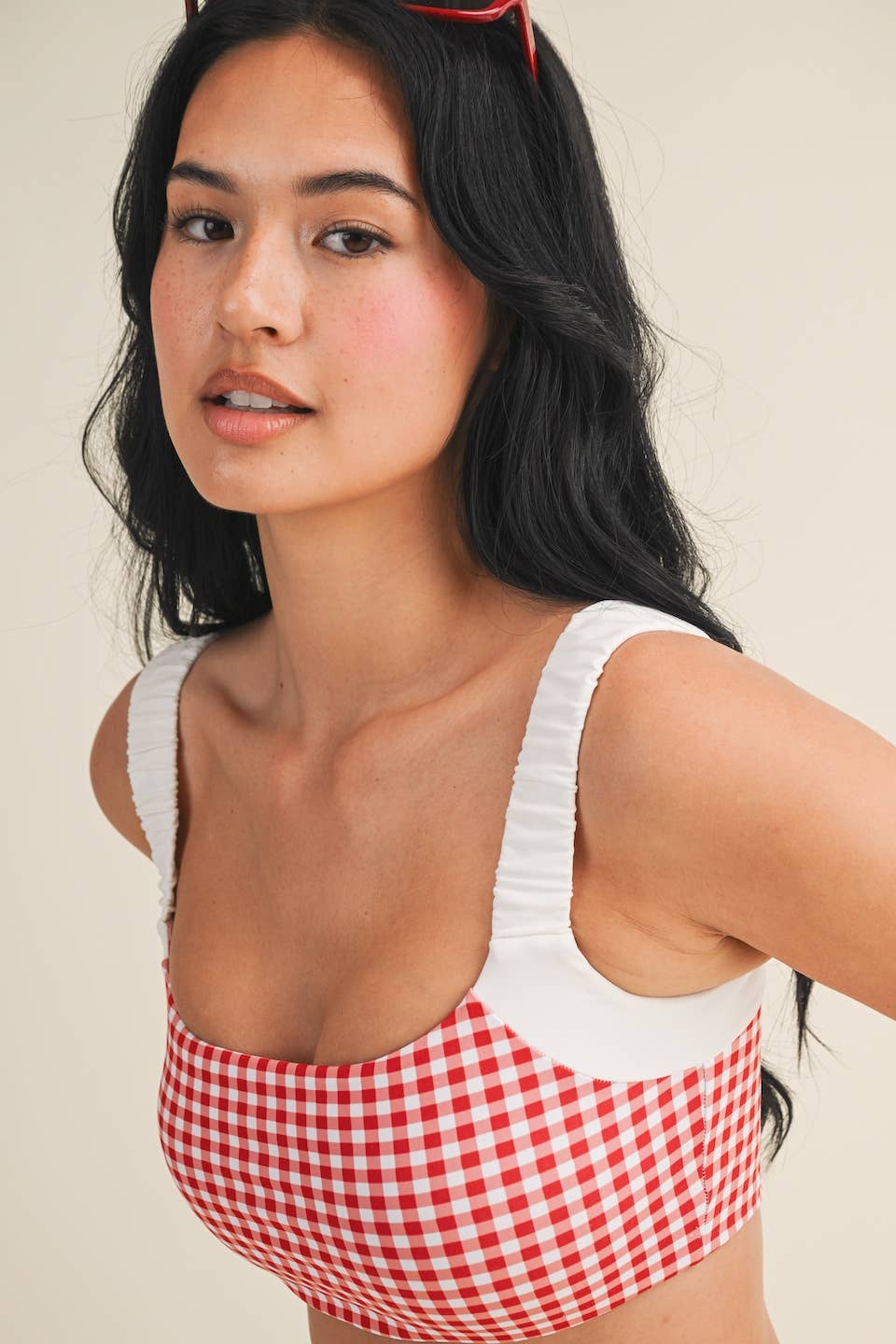 Gingham Print Scrunched Strap Sports Bra & Biker Short Set