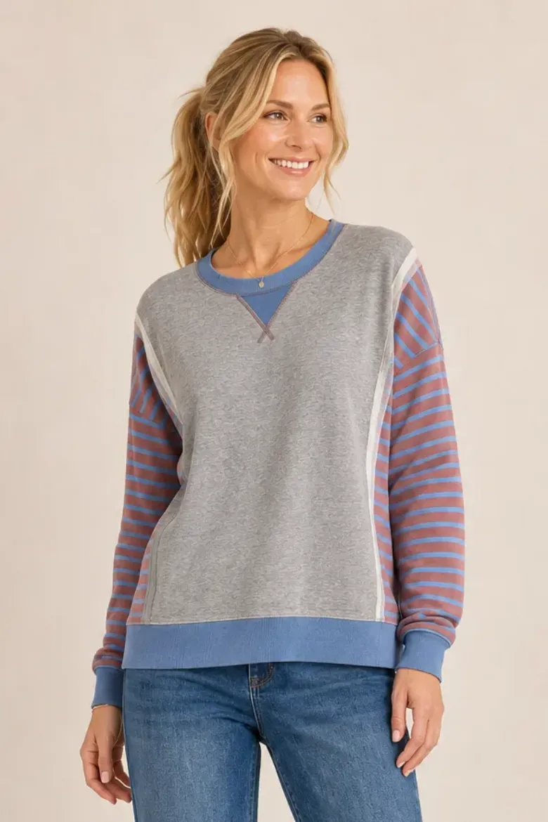 FRENCH TERRY RAW TRIM STRIPE INSERT PULLOVER