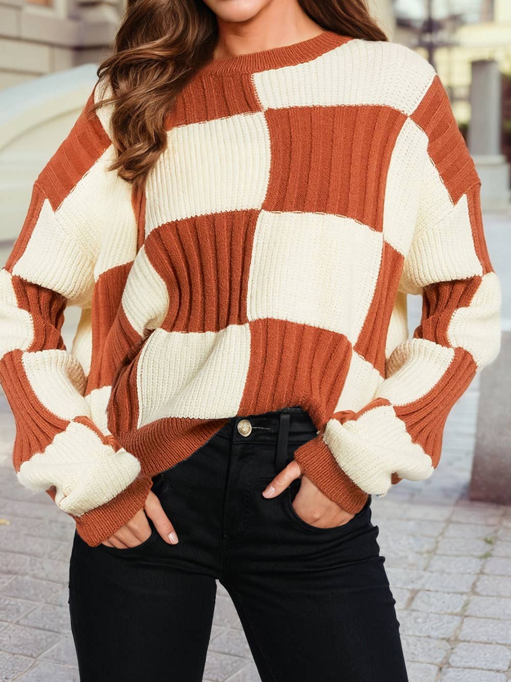 Checkered Textured Knit Drop Shoulder Sweater