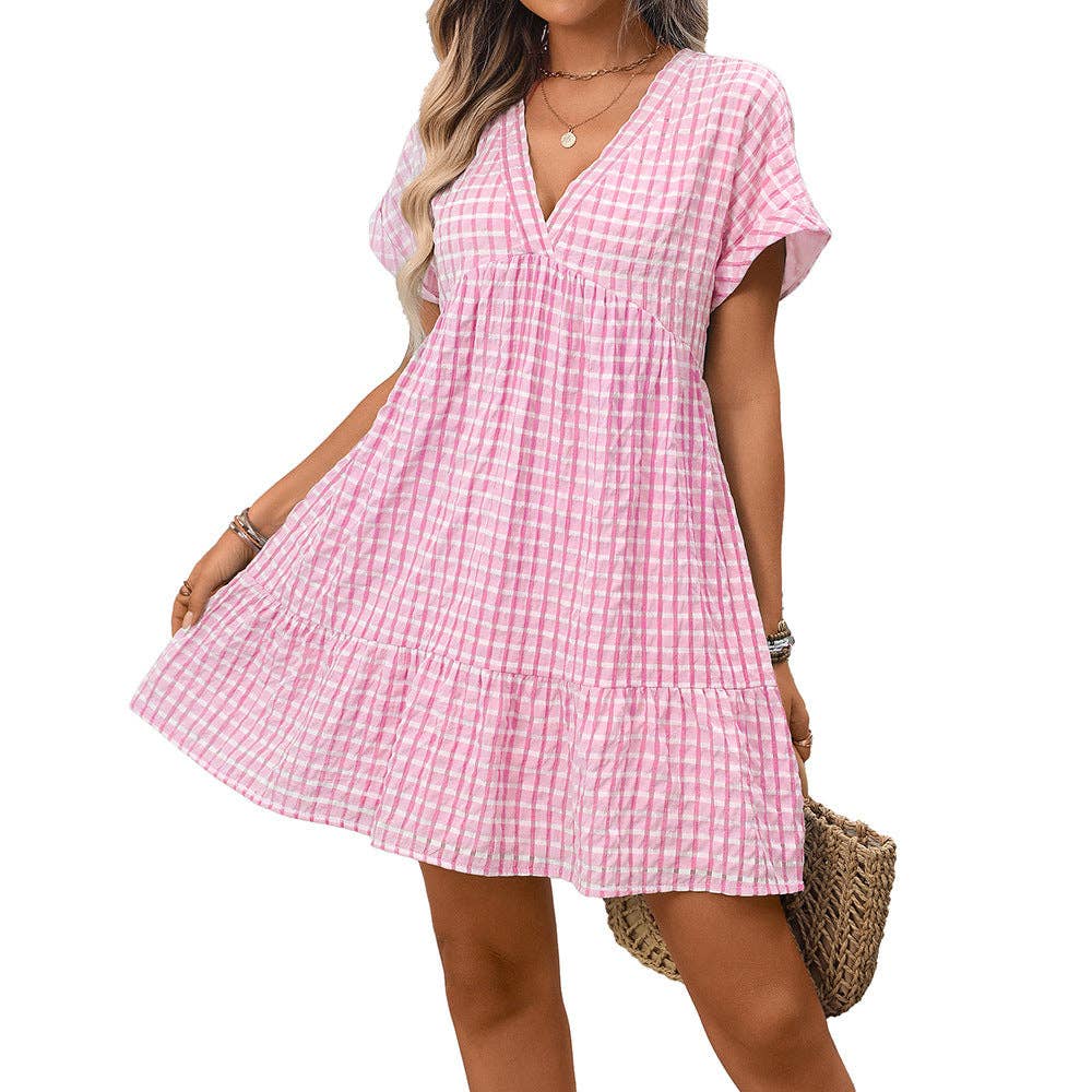 Checkered V Neck Short Sleeve Summer Dress