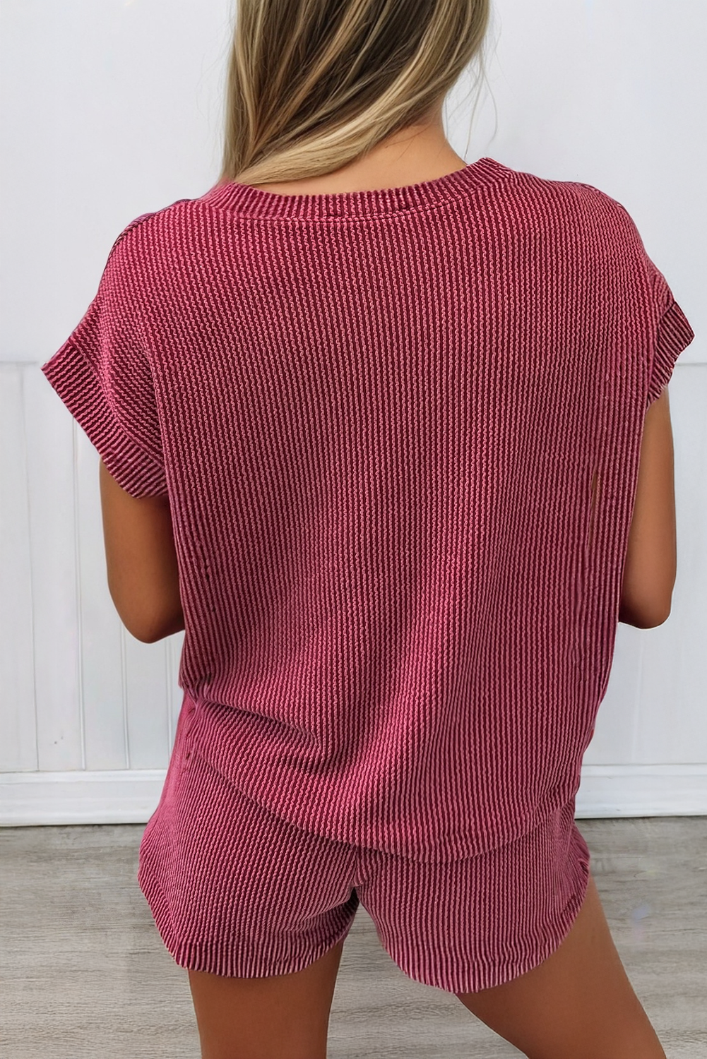Twisted Ribbed Tee Drawstring 2pcs Short Set