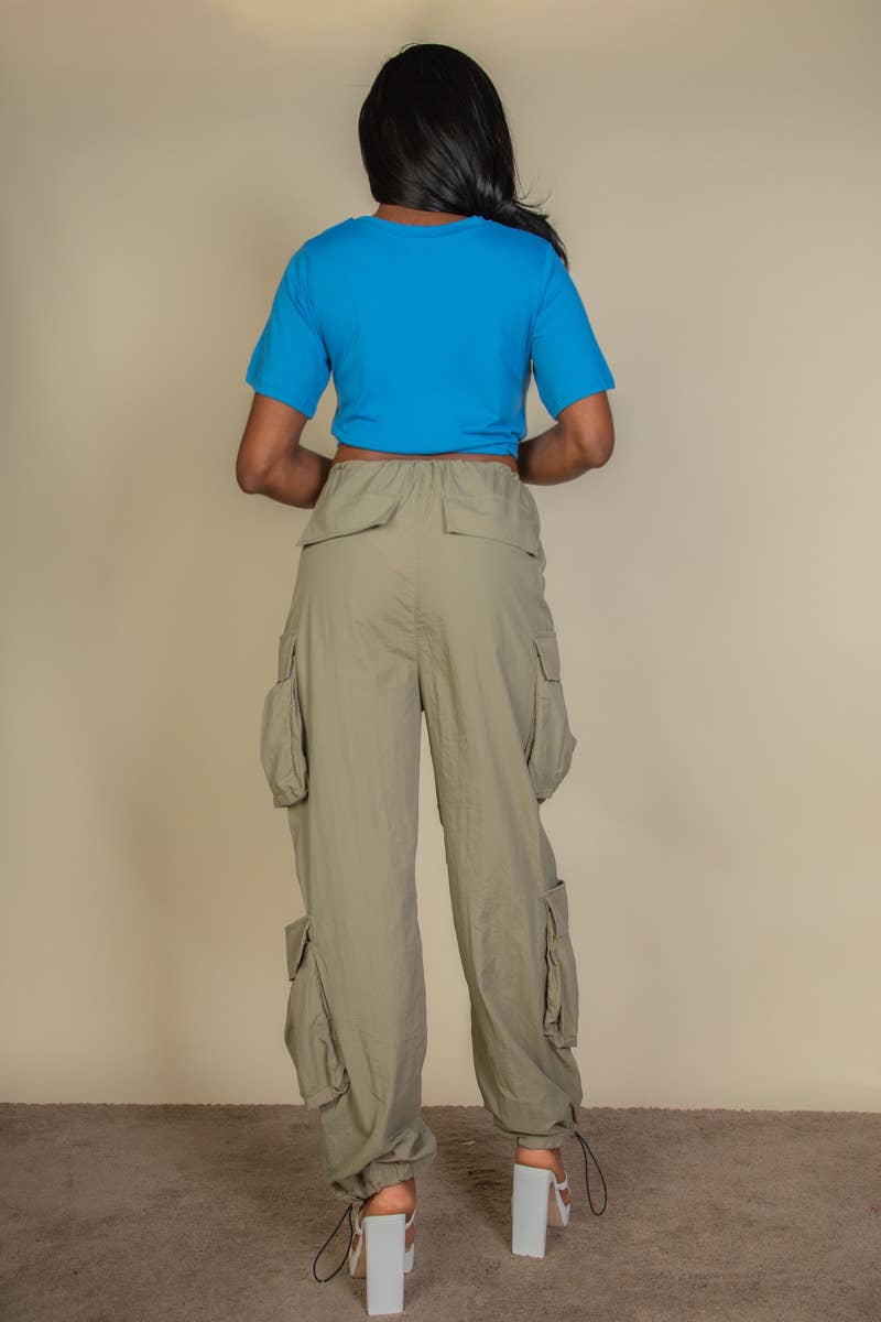 Tie Front Drawstring Short Sleeve Crop Top