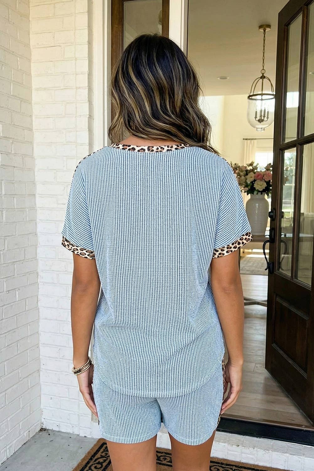 Leopard Trim Twist Ribbed Shorts Set