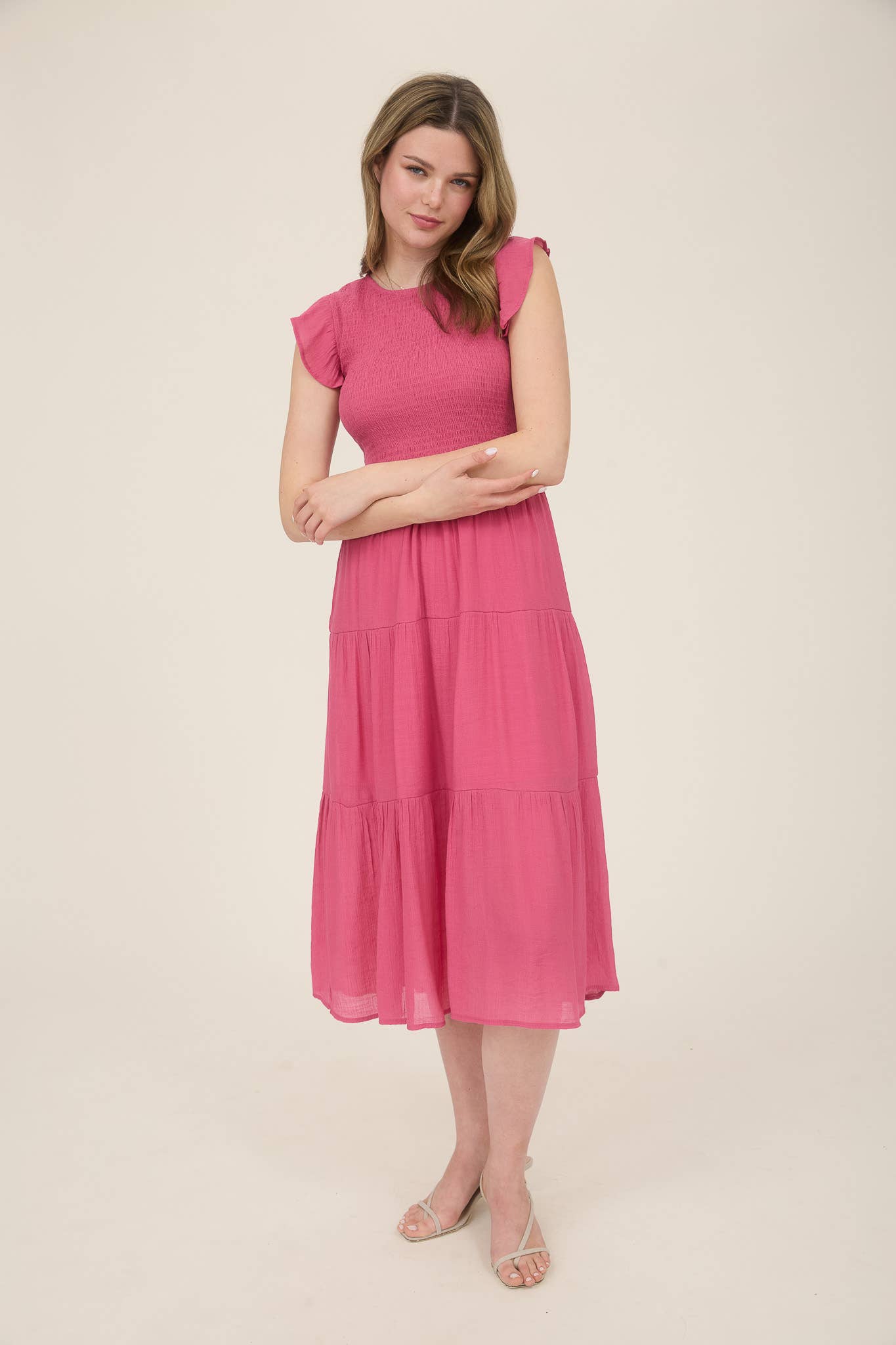 SMOCKED TIERED MIDI DRESS