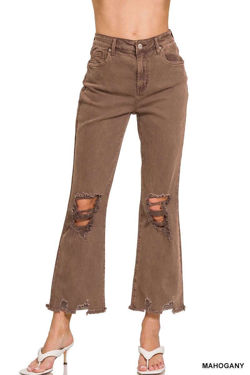 ACID WASHED HIGH WAIST DISTRESSED PANTS