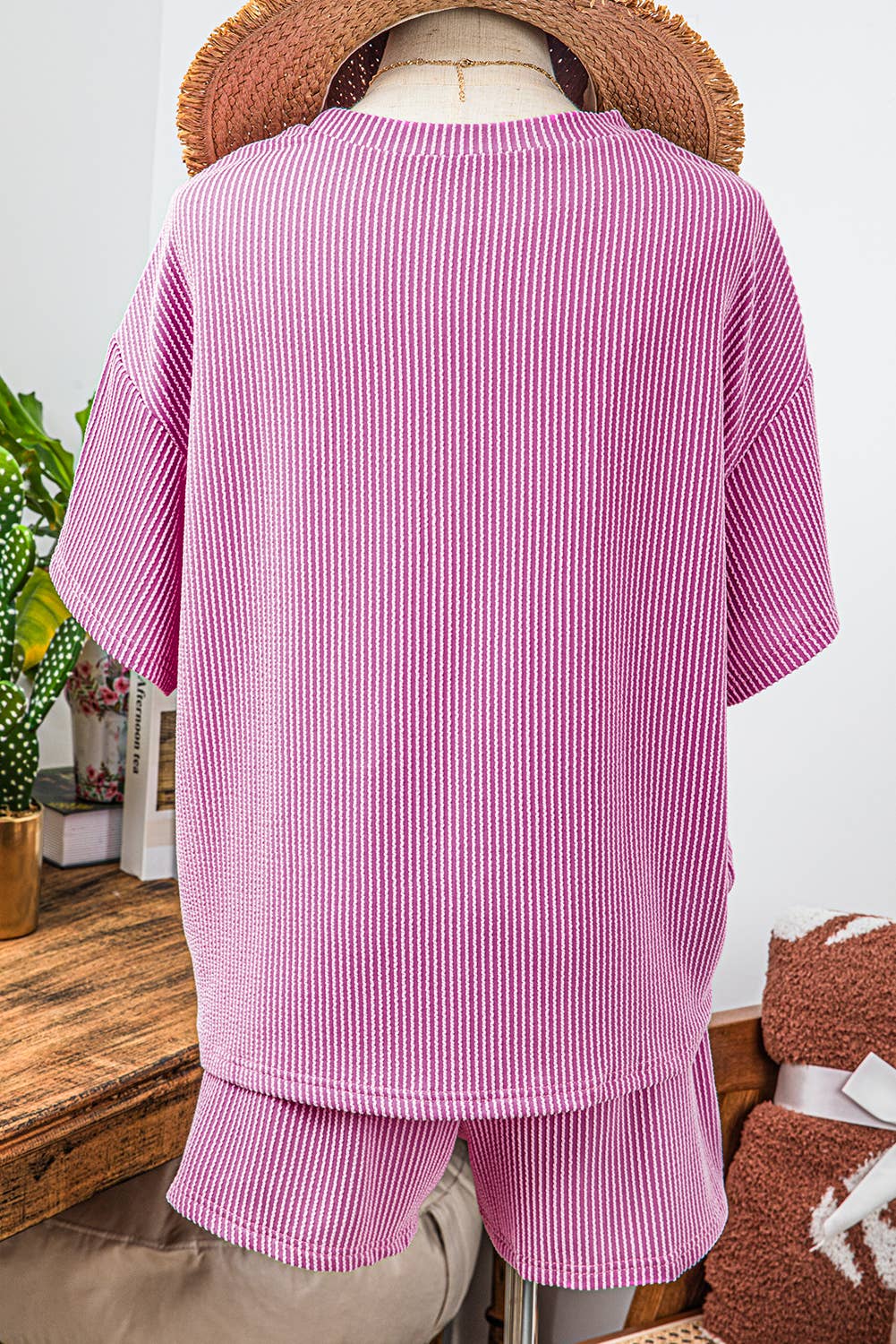 Ribbed Textured Knit Loose Fit Tee and Shorts Set