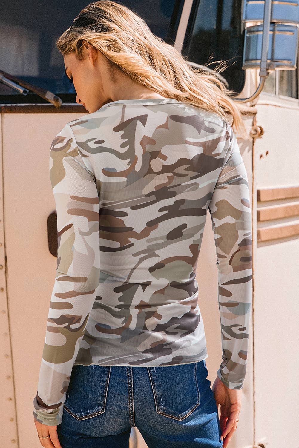 Western Camo Print Mesh Long Sleeve Top