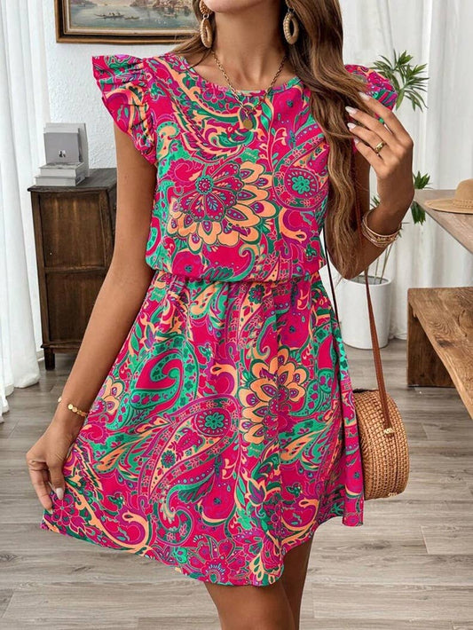 Boho Casual Ruffled Sleeve Floral Print Dress