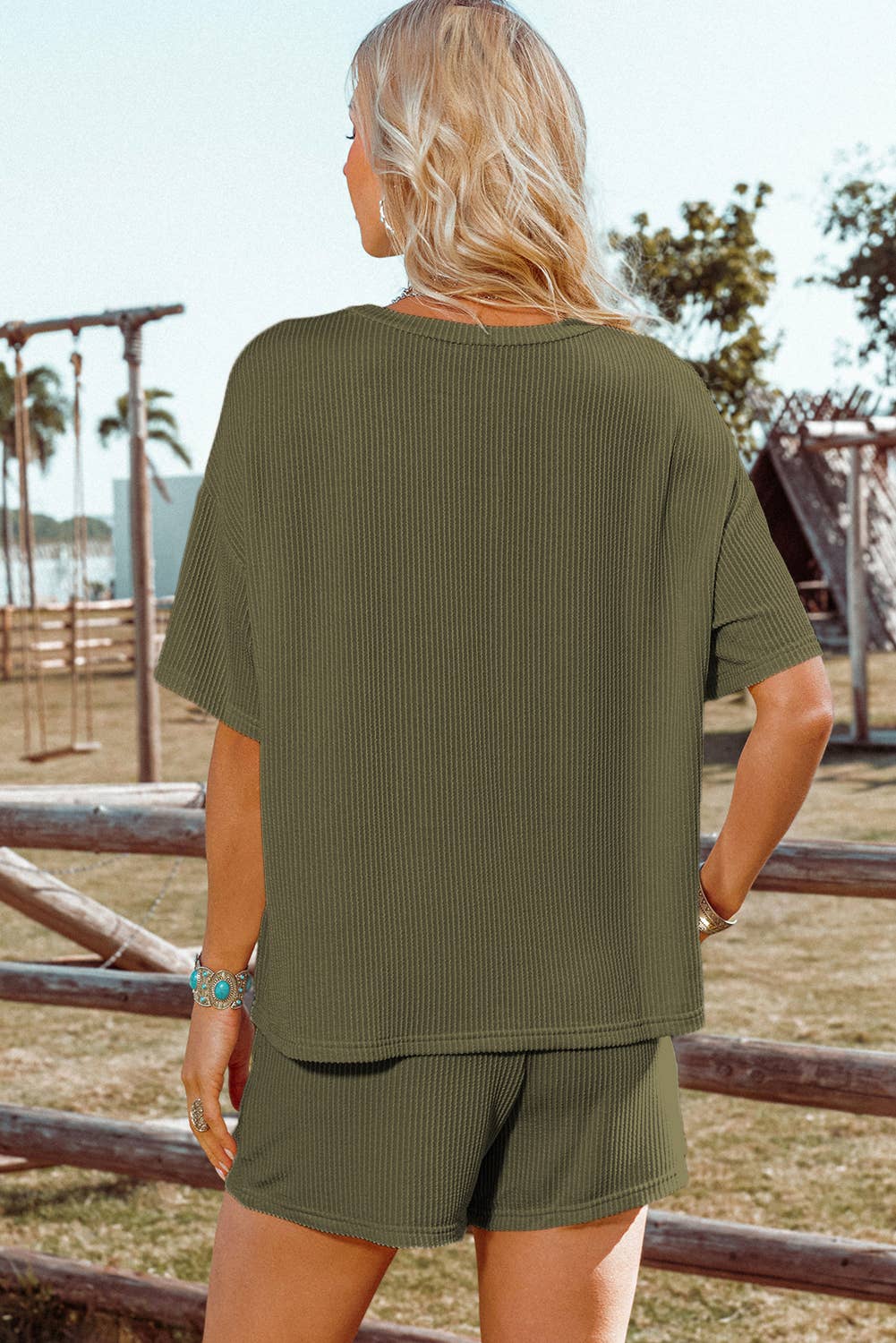 Ribbed Textured Knit Loose Fit Tee and Shorts Set