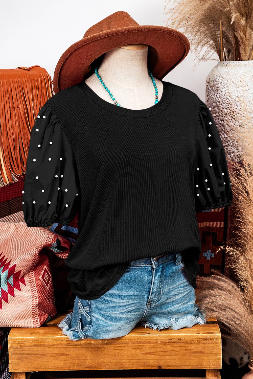 Pearl Beaded Puff Sleeve Top