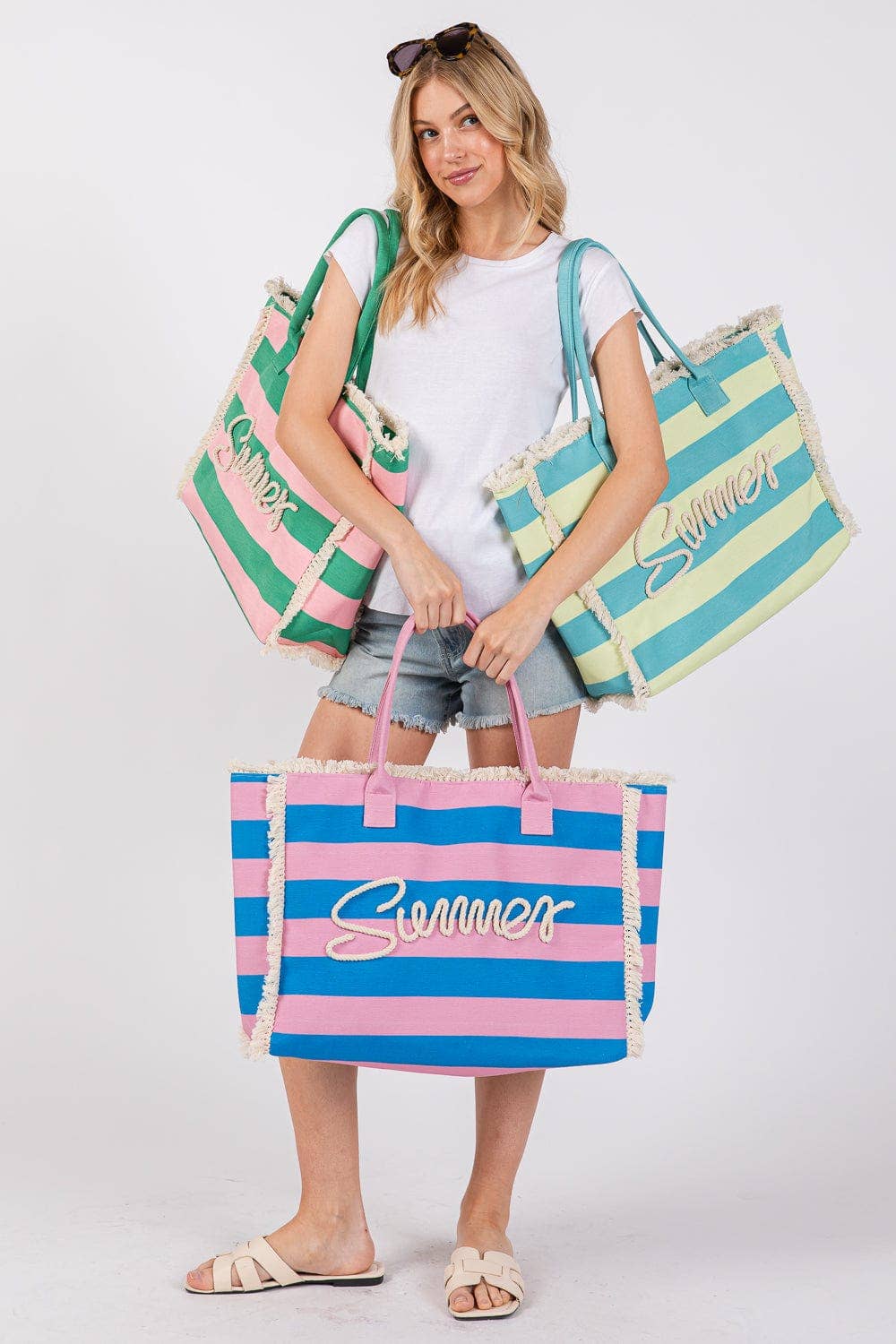 Sewn Tope Summer Letter Fringe Striped Tote Bag: Pink Green