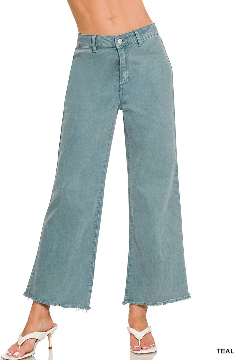 Acid Washed Frayed Cutoff Hem Straight Wide Pants