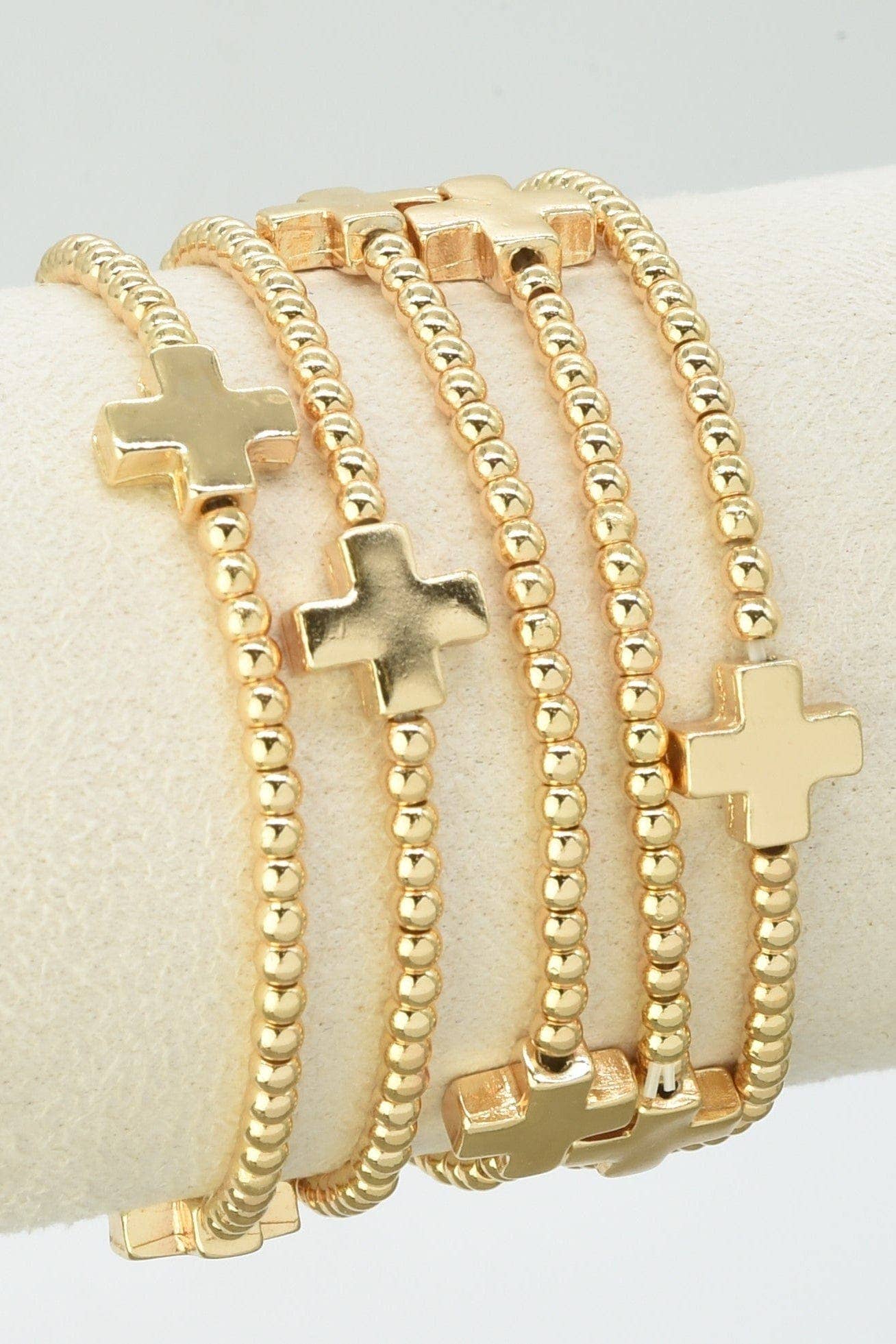 Cross Beaded Bracelet Set: Gold
