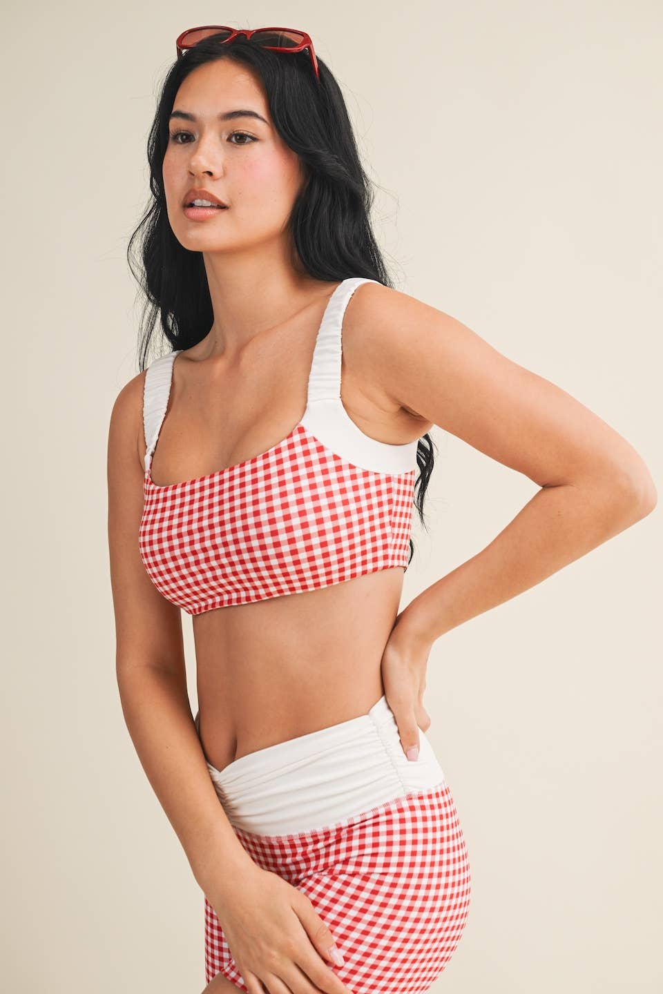 Gingham Print Scrunched Strap Sports Bra & Biker Short Set