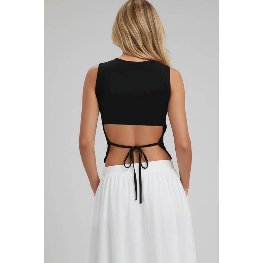 Sleeveless Mock Neck Top w Back Tie