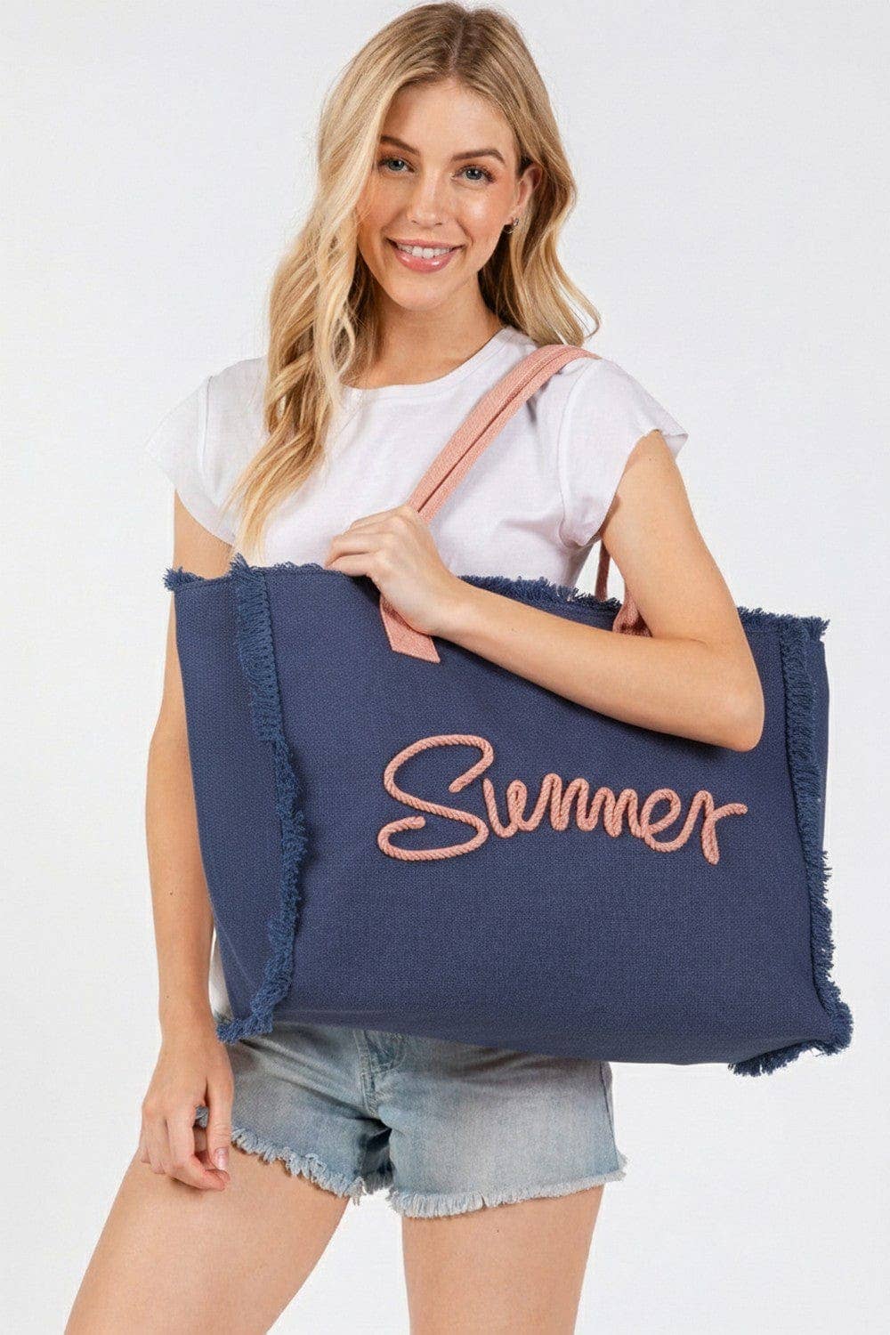 Sewn Rope Summer Letter Fringe Tote Bag: Orange