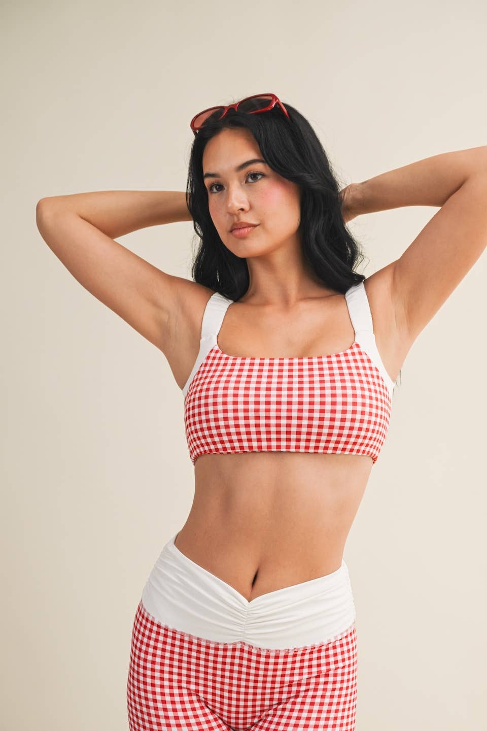Gingham Print Scrunched Strap Sports Bra & Biker Short Set