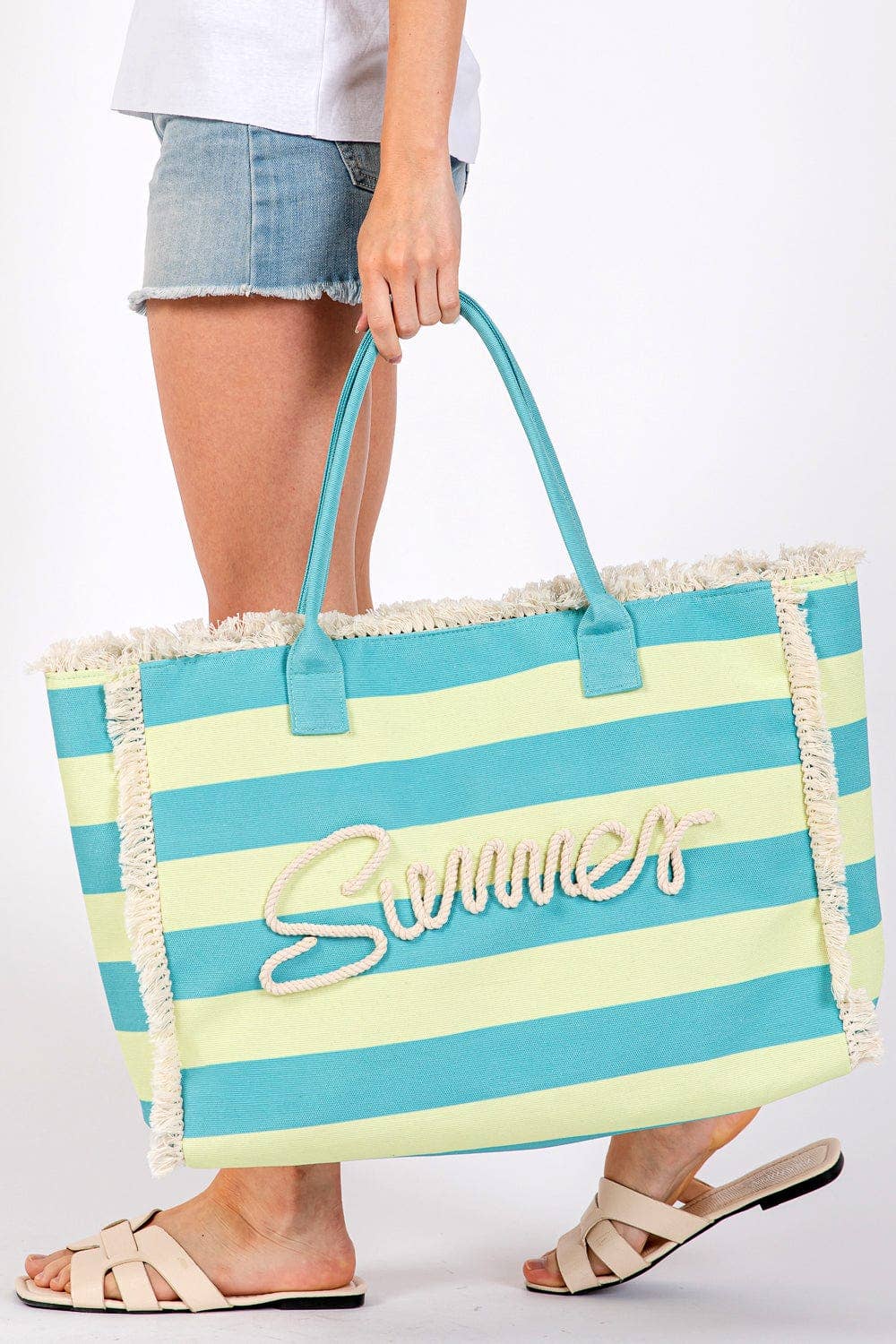 Summer Letter Fringe Striped Tote Bag