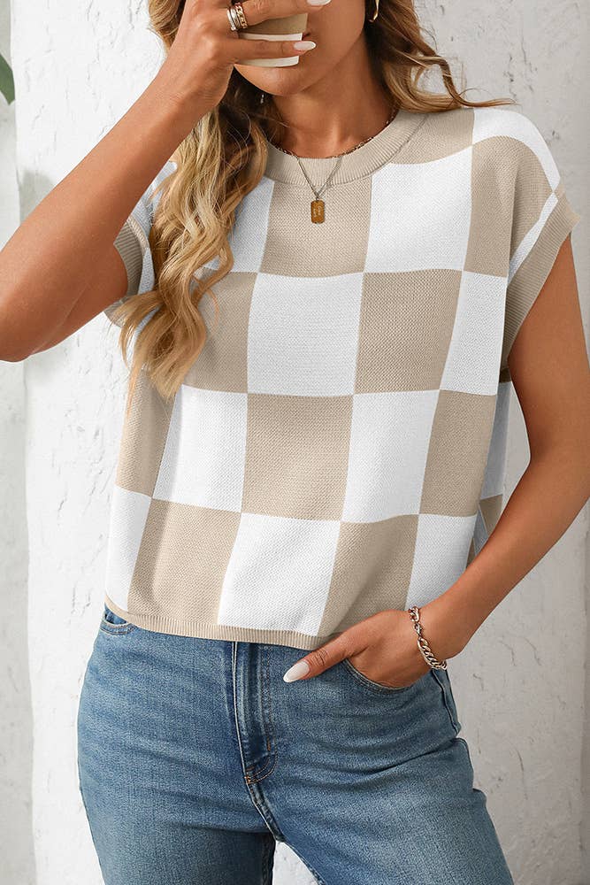 Cropped Color Block Crewneck Knit Checkerboard Sweater MD167