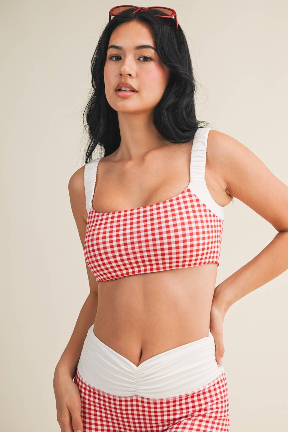 Gingham Print Scrunched Strap Sports Bra & Biker Short Set