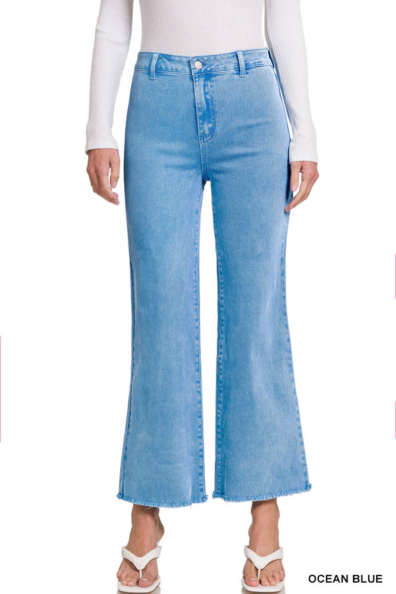 Acid Washed Frayed Cutoff Hem Straight Wide Pants