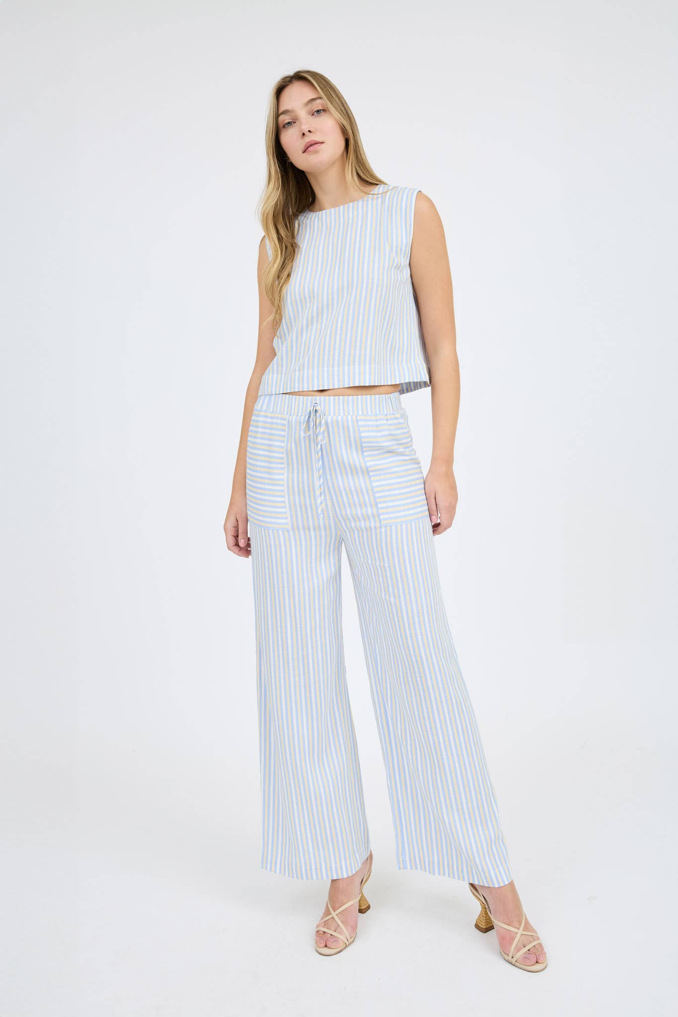 STRIPE SLEEVELESS BLOUSE WIDE LEG PANT SET