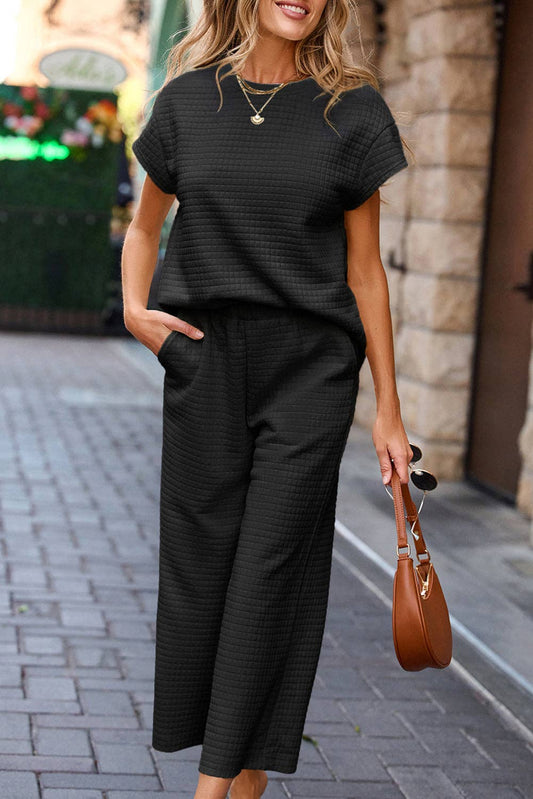 Solid Textured Top and Pants Set