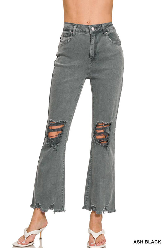 ACID WASHED HIGH WAIST DISTRESSED PANTS