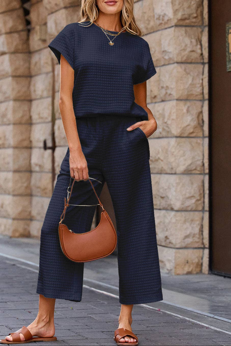 Solid Textured Top and Pants Set