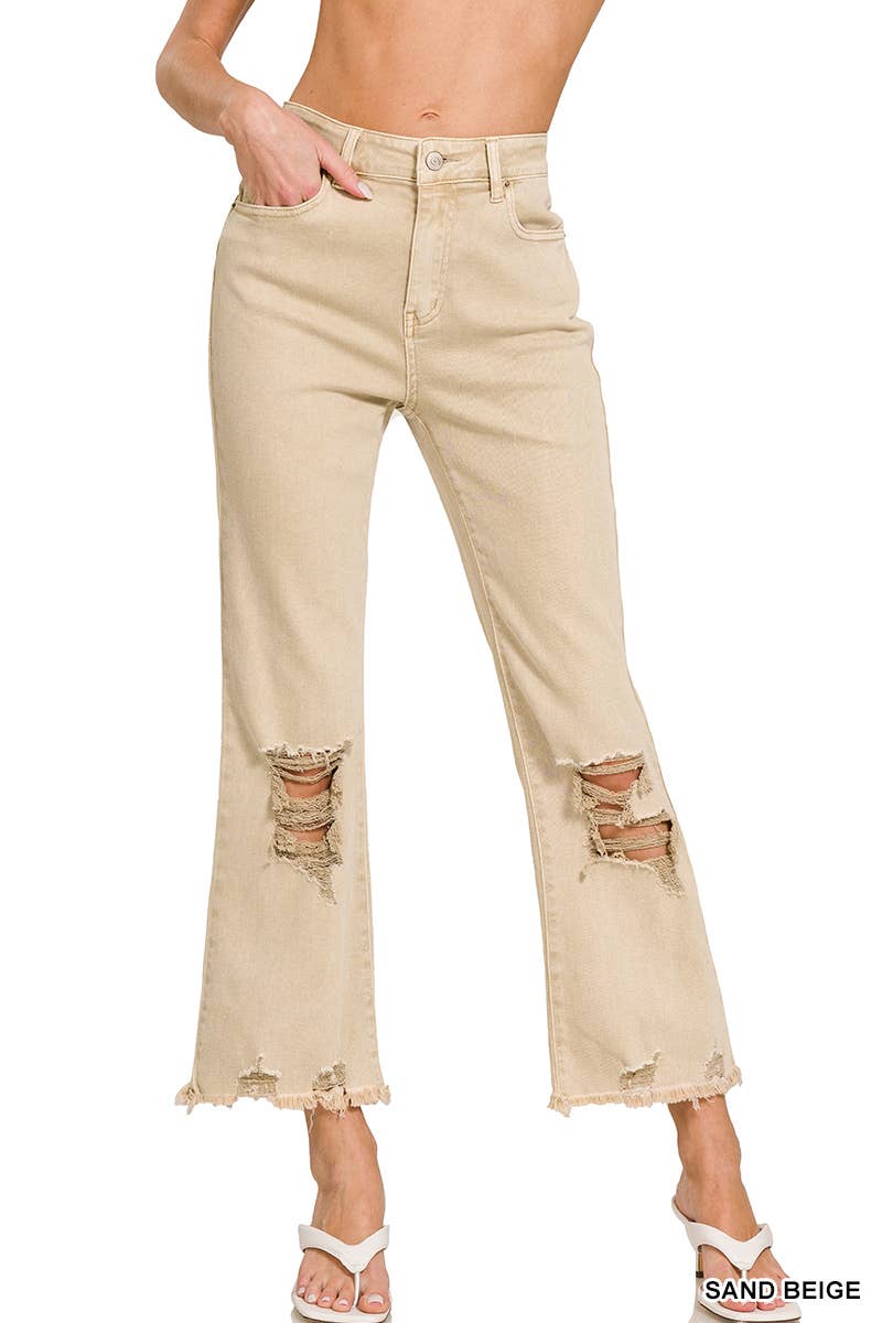 ACID WASHED HIGH WAIST DISTRESSED PANTS