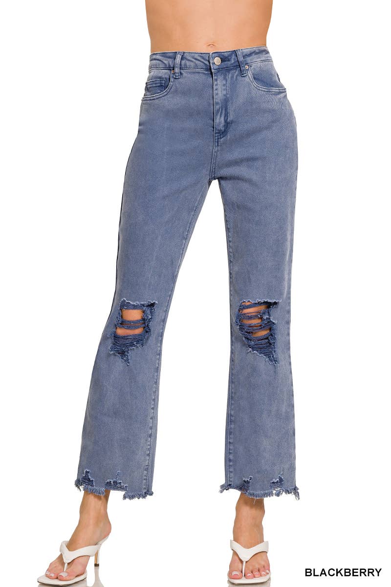 ACID WASHED HIGH WAIST DISTRESSED PANTS