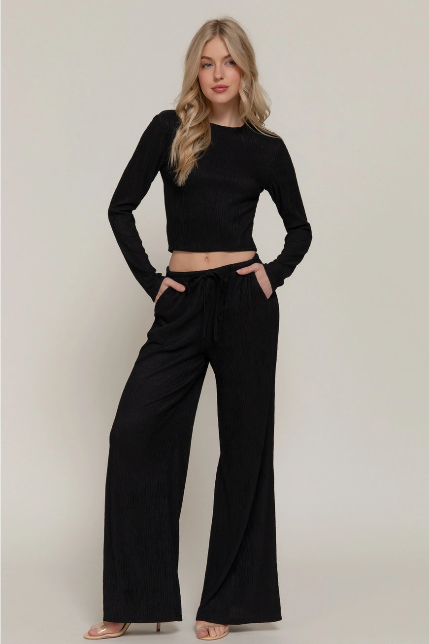 Long Sleeve Crew Neck Top & Waist Tie Long Pants Set