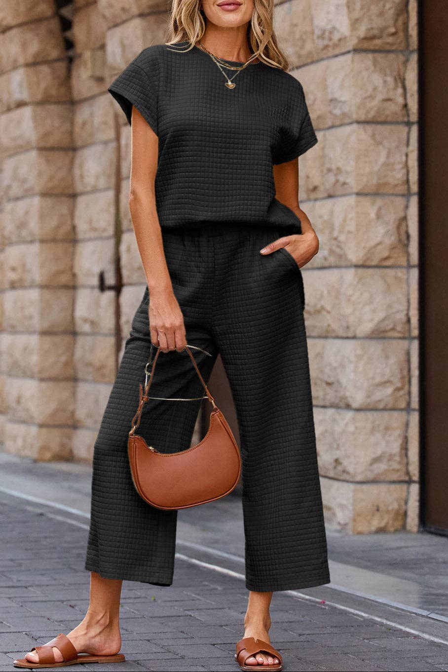 Solid Textured Top and Pants Set