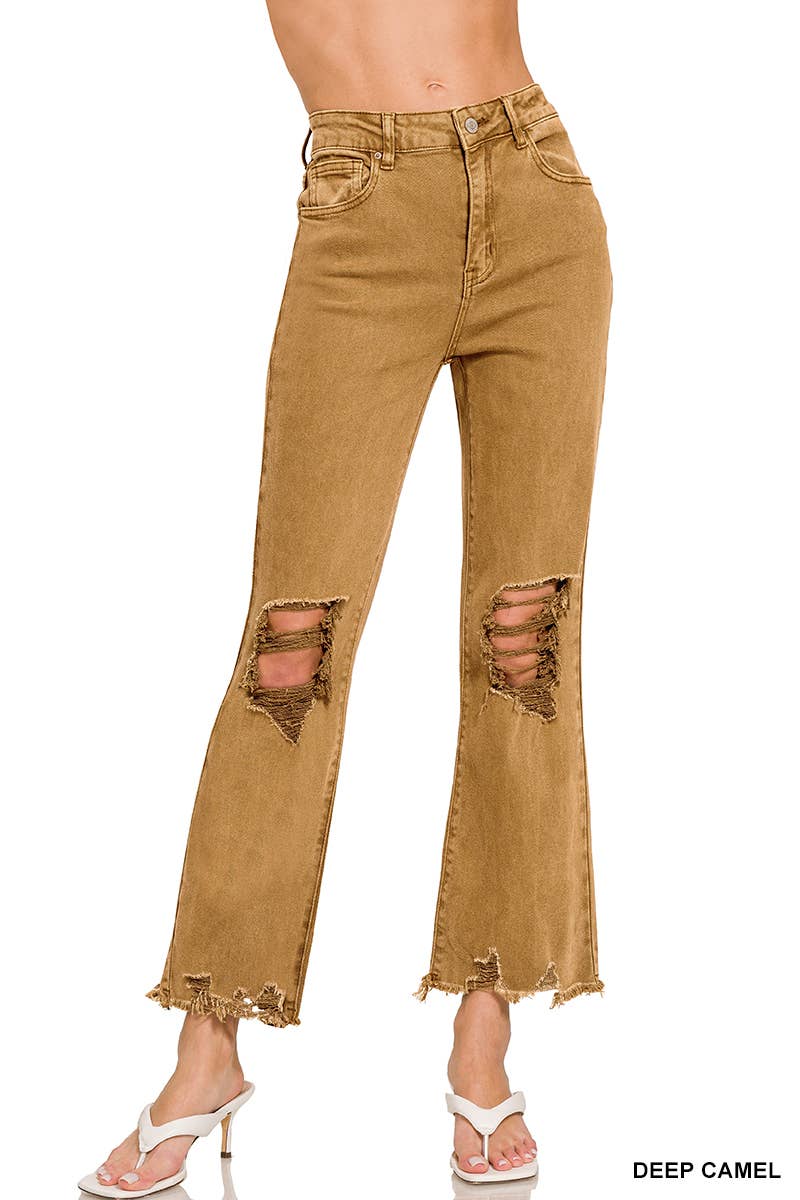 ACID WASHED HIGH WAIST DISTRESSED PANTS