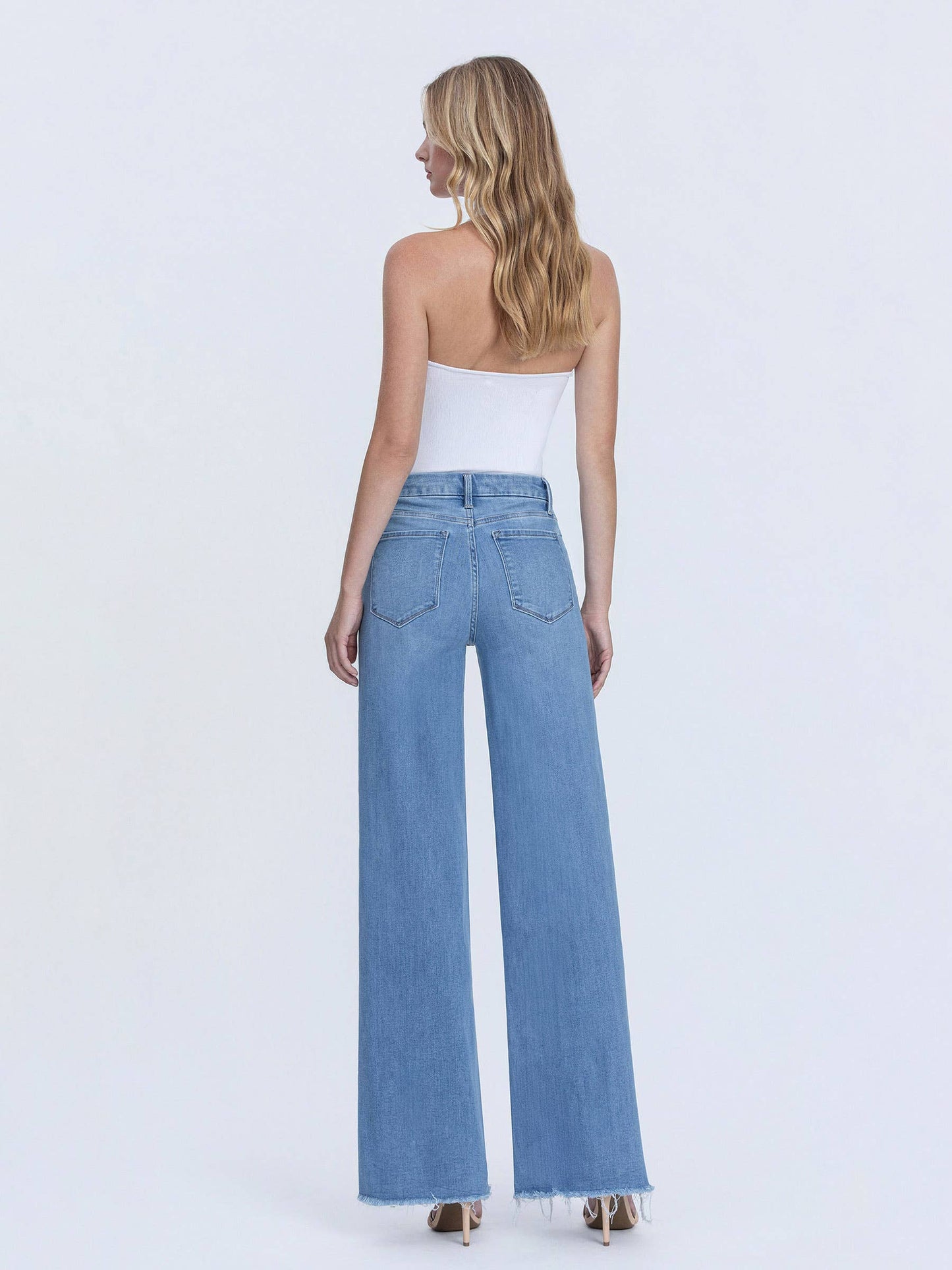 VERVET HIGH RISE MEDIUM WASH FRAYED HEM WIDE LEG JEANS