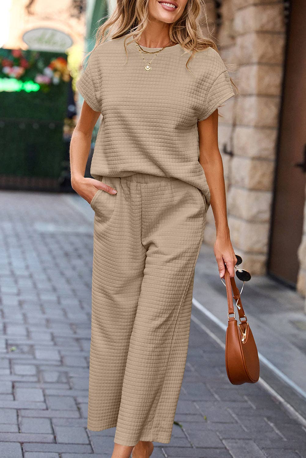 Solid Textured Top and Pants Set