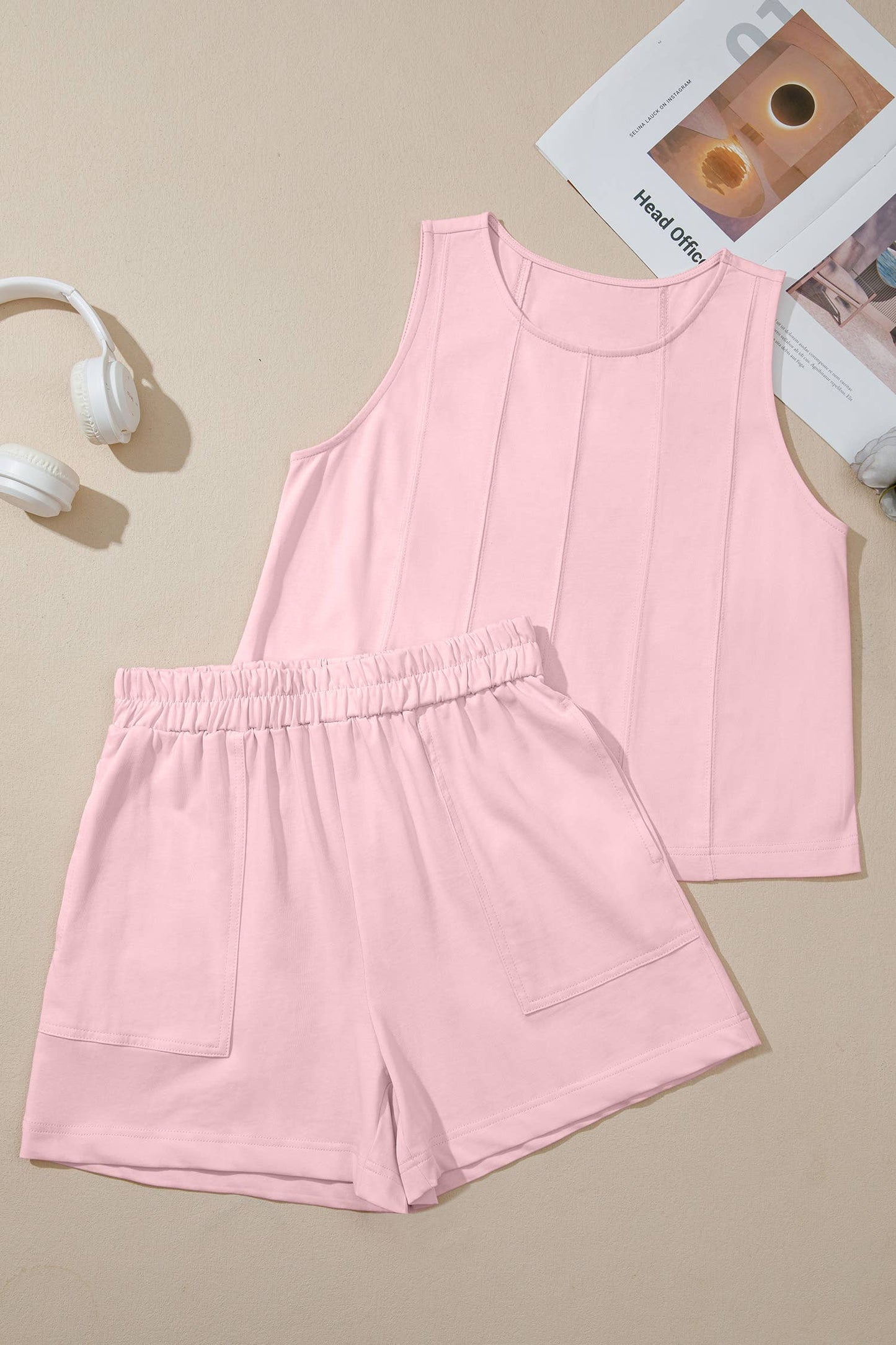 Stitched Detail Loose Tank Top 2pcs Short Set