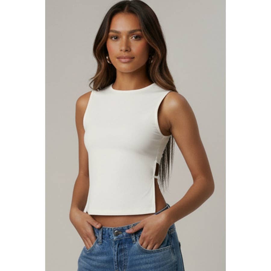 Sleeveless Mock Neck Top w Back Tie