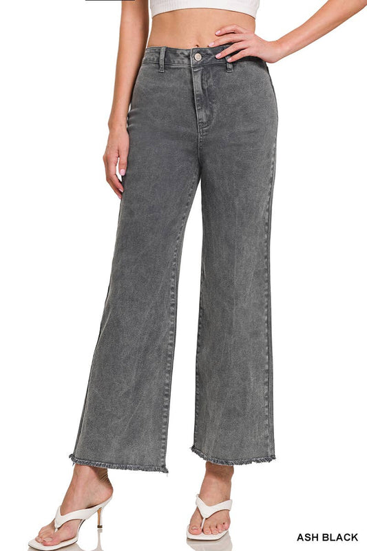 Acid Washed Frayed Cutoff Hem Straight Wide Pants