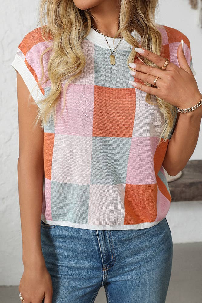 Cropped Color Block Crewneck Knit Checkerboard Sweater MD167