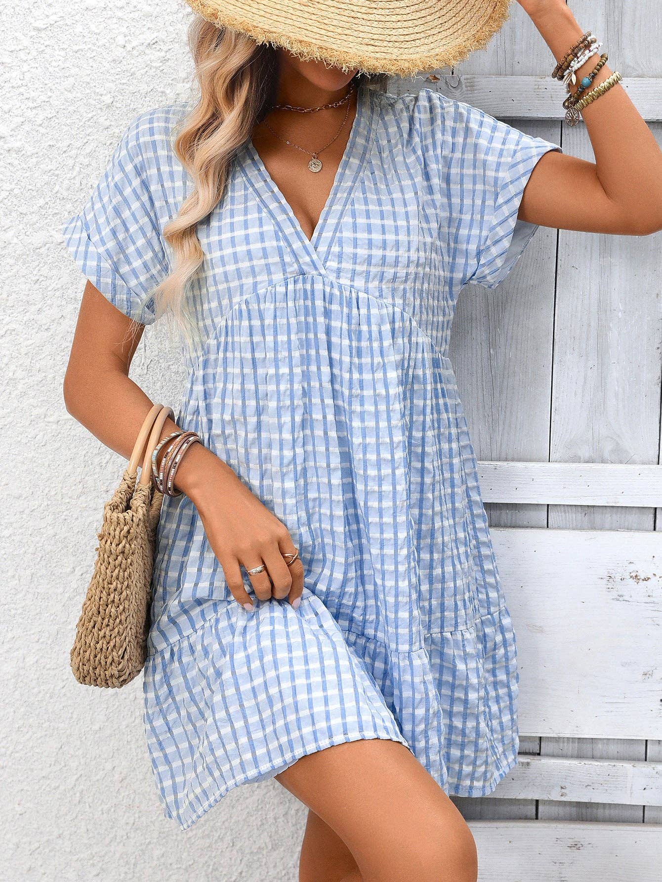 Checkered V Neck Short Sleeve Summer Dress