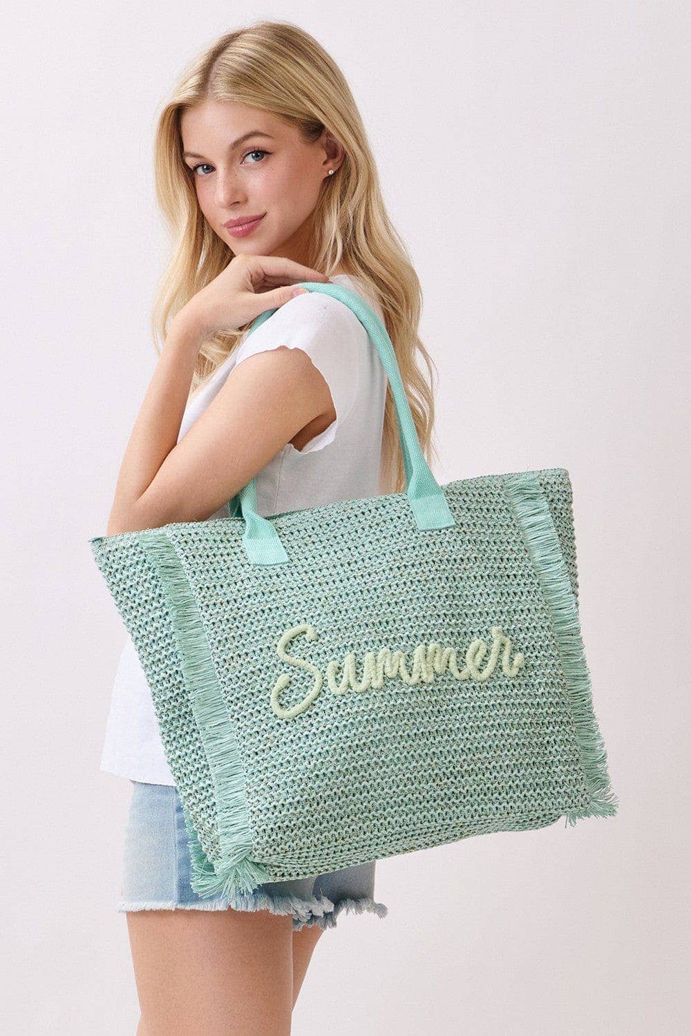 Straw Fringe Summer Beach Tote Bag: Beige
