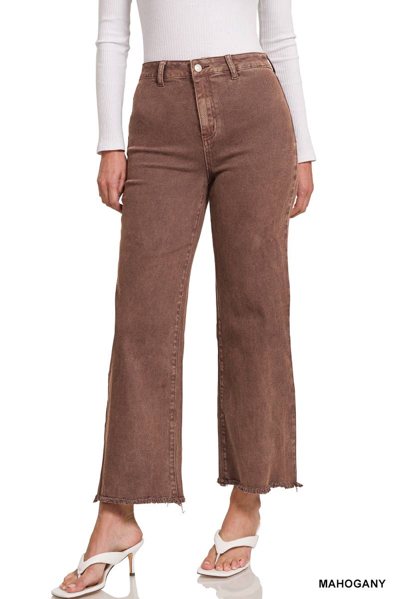 Acid Washed Frayed Cutoff Hem Straight Wide Pants