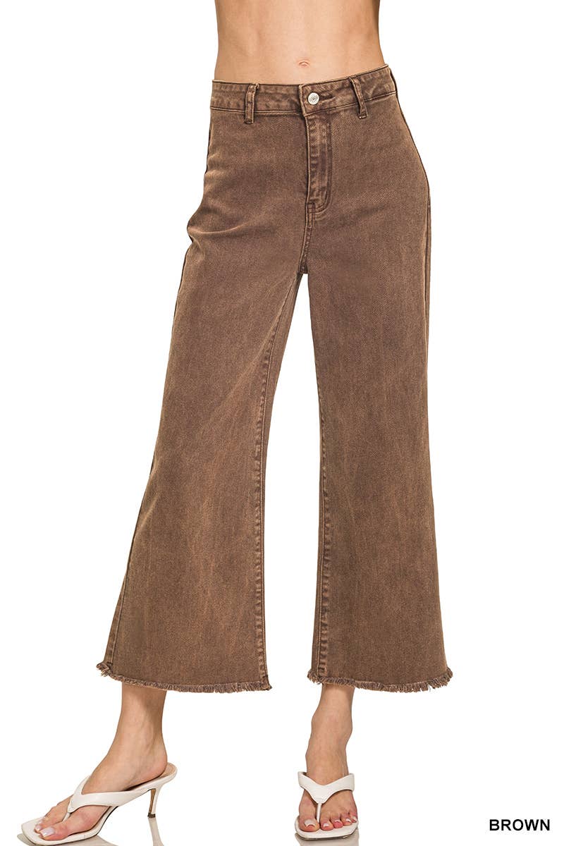 Acid Washed High Waist Frayed Hem Straight Wide Pan