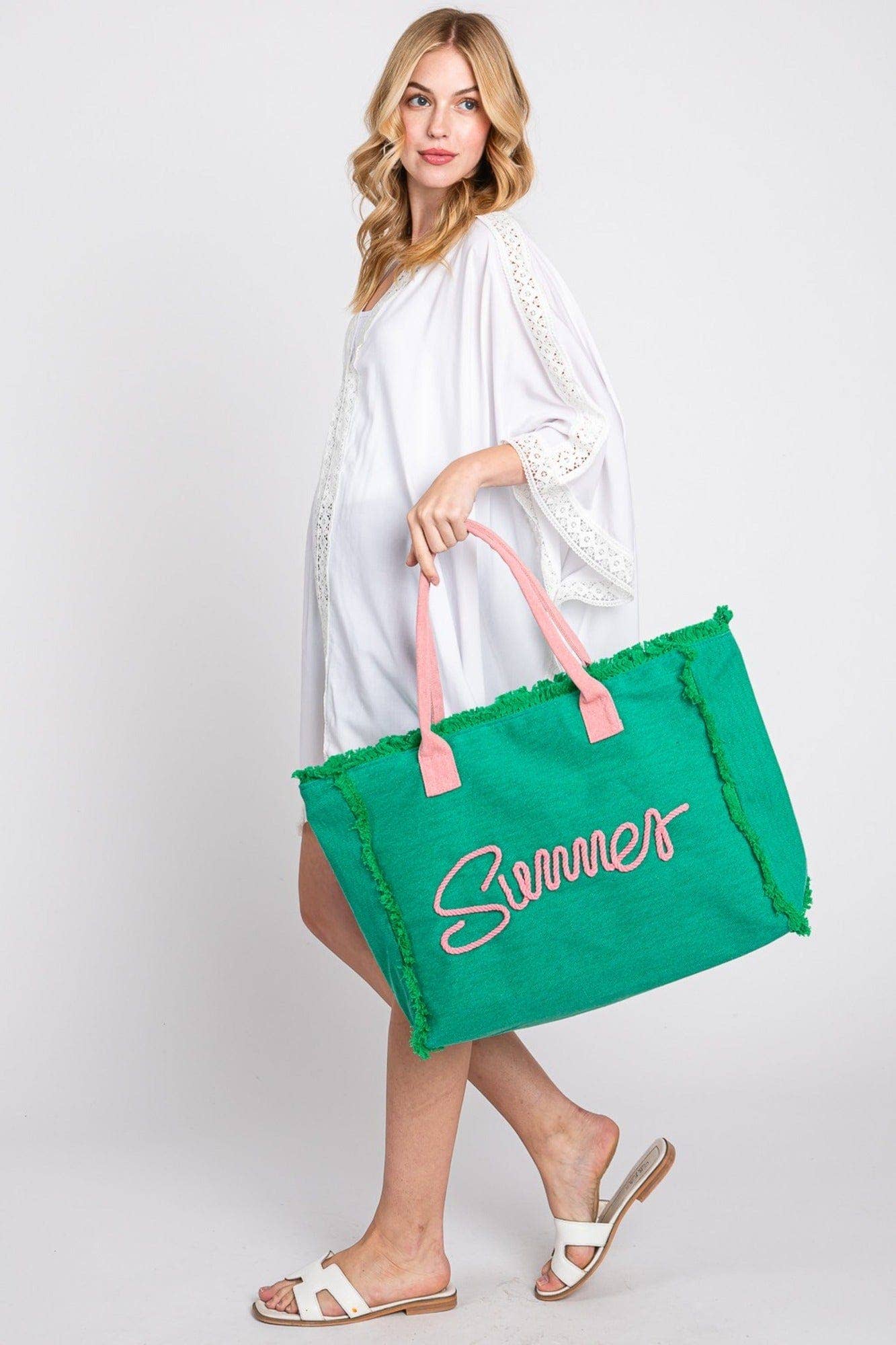 Sewn Rope Summer Letter Fringe Tote Bag: Orange