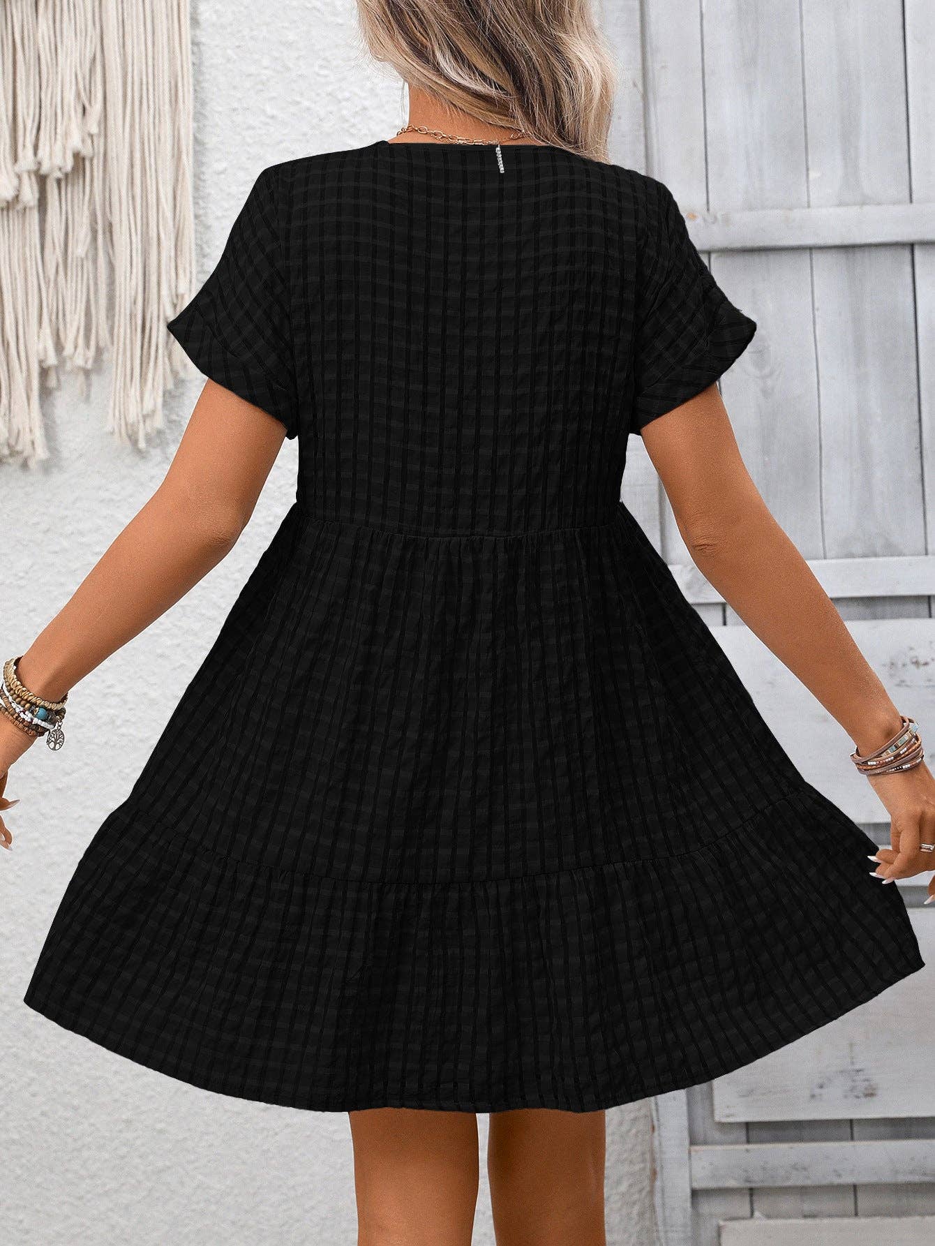 Checkered V Neck Short Sleeve Summer Dress
